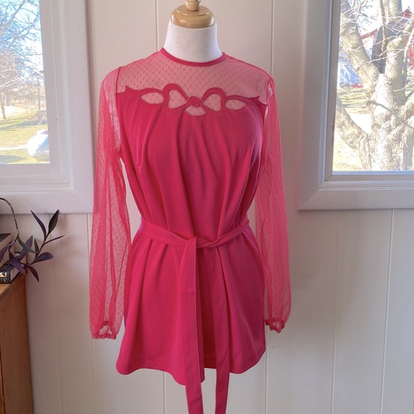 Vintage 60s 70s Hot Pink Sheer Mesh Bow Top Tunic L/XL - Picture 2 of 6